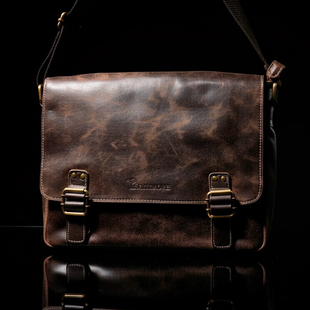 personalized leather messenger bag for men with brass buckles, dark brown gift accessory