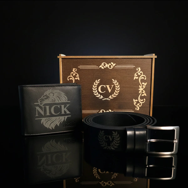 Coffret Cadeau en Cuir Noir Premium pour Lui – Portefeuille et Ceinture Personnalisés